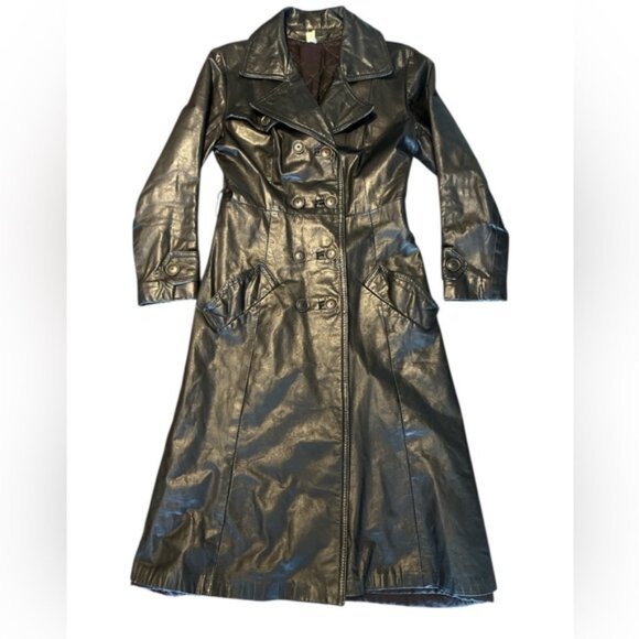 Black Vintage Double Breasted Leather Trench Coat Size Small - Picture 2 of 10